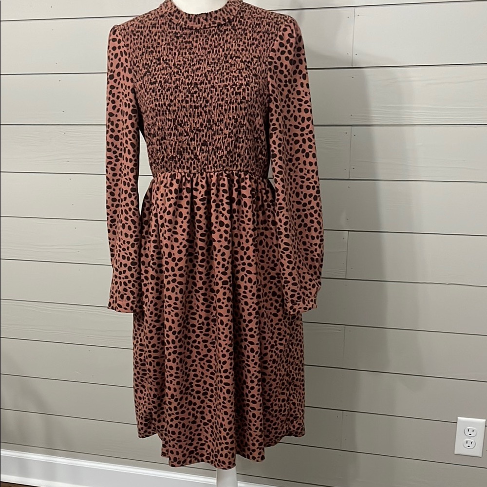 Brown Animal print Orange Creek midi length dress with smocked top size Medium